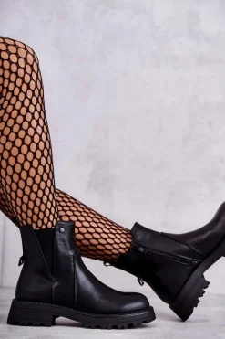 Skórzane Ocieplane Botki Workery Na Płaskim Obcasie Czarne Salome