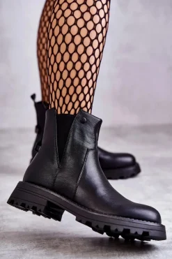 Skórzane Ocieplane Botki Workery Na Płaskim Obcasie Czarne Salome