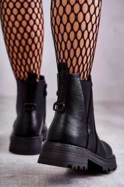 Skórzane Ocieplane Botki Workery Na Płaskim Obcasie Czarne Salome