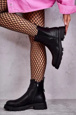 Skórzane Ocieplane Botki Workery Na Płaskim Obcasie Czarne Salome