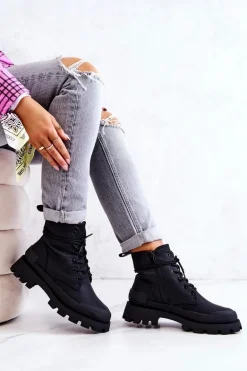 Skórzane Ocieplane Botki Wiązane Czarne Racquell