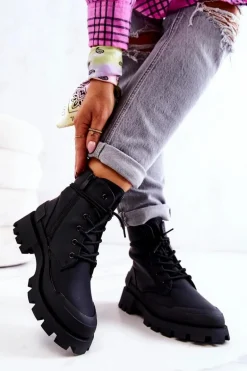 Skórzane Ocieplane Botki Wiązane Czarne Racquell