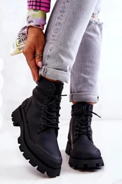 Skórzane Ocieplane Botki Wiązane Czarne Racquell