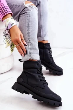 Skórzane Ocieplane Botki Wiązane Czarne Racquell