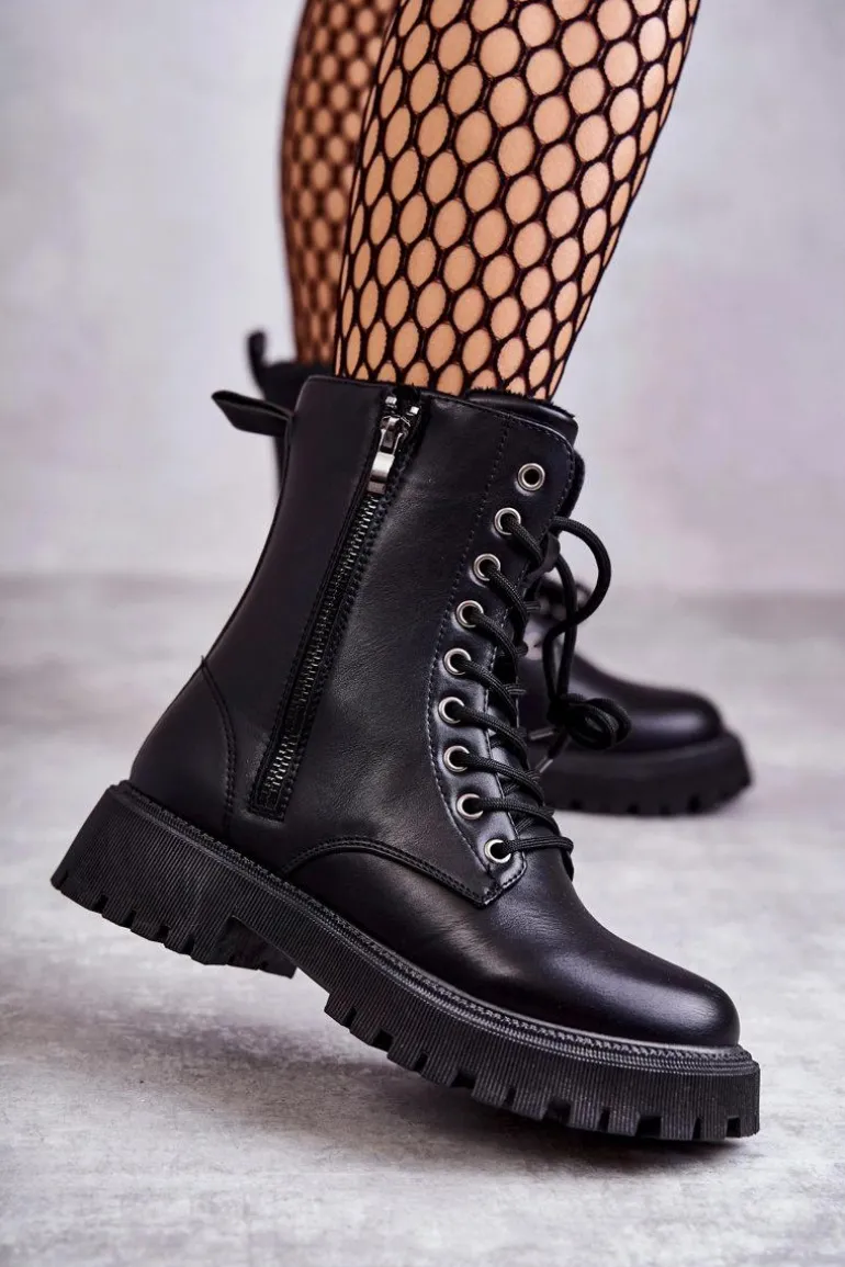 Skórzane Ocieplane Botki Workery wiązane Czarne Maria
