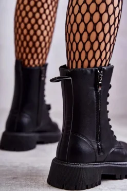 Skórzane Ocieplane Botki Workery wiązane Czarne Maria