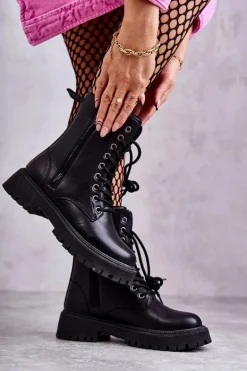 Skórzane Ocieplane Botki Workery wiązane Czarne Maria