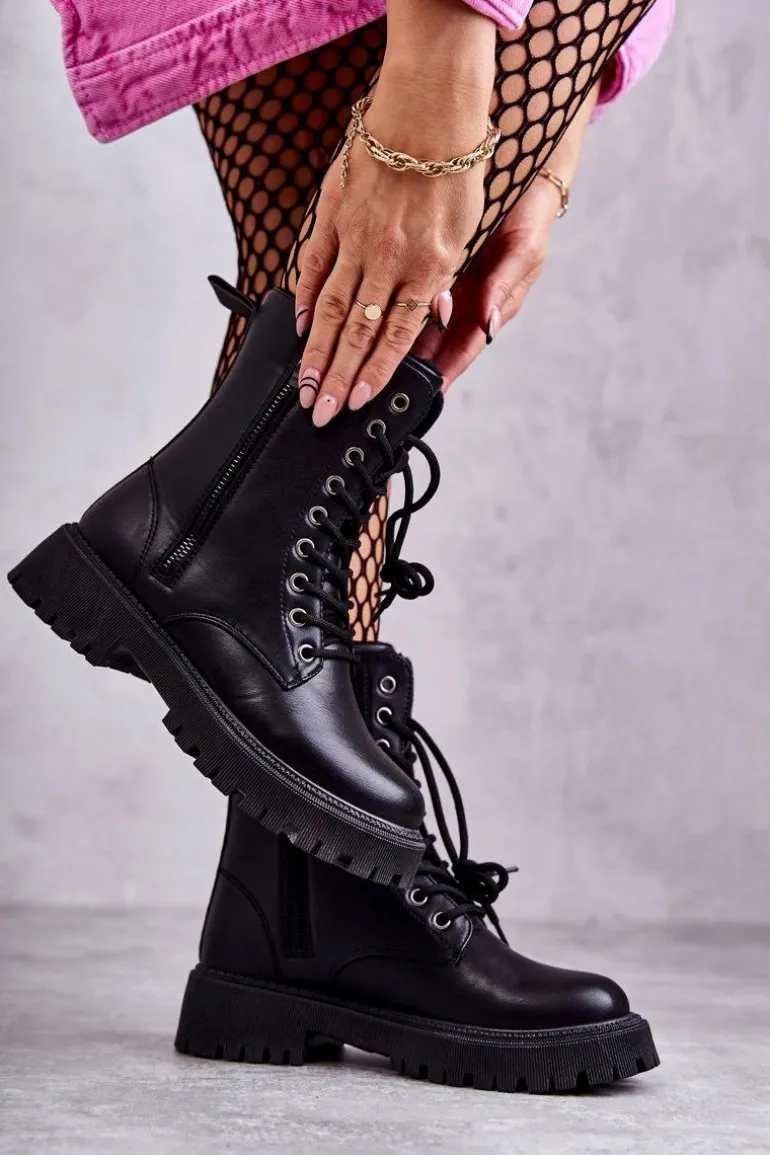 Skórzane Ocieplane Botki Workery wiązane Czarne Maria