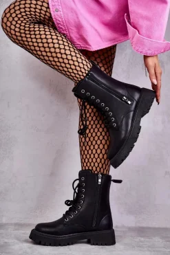 Skórzane Ocieplane Botki Workery wiązane Czarne Maria