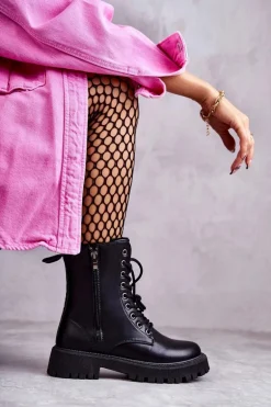 Skórzane Ocieplane Botki Workery wiązane Czarne Maria