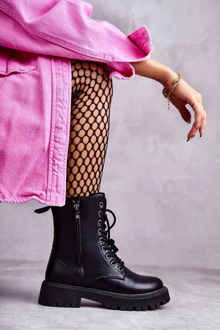 Skórzane Ocieplane Botki Workery wiązane Czarne Maria