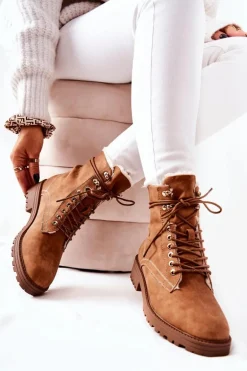 Skórzane Ocieplane Botki Workery Camel Kimmie