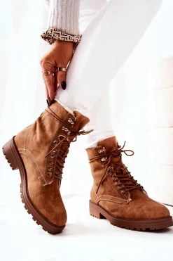 Skórzane Ocieplane Botki Workery Camel Kimmie