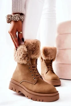 Skórzane Ocieplane Botki Z Futerkiem Beżowe Farley