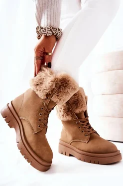 Skórzane Ocieplane Botki Z Futerkiem Beżowe Farley