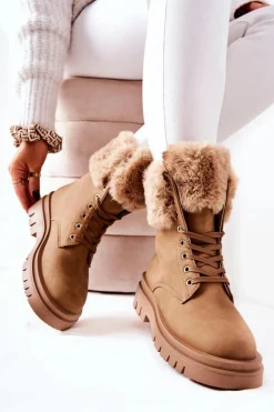 Skórzane Ocieplane Botki Z Futerkiem Beżowe Farley
