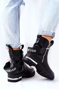 Skórzane Ocieplane Botki Z Suwakiem Czarne Cortona