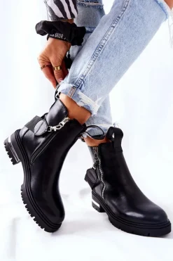 Skórzane Ocieplane Botki Z Suwakiem Czarne Cortona