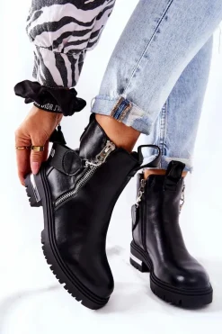 Skórzane Ocieplane Botki Z Suwakiem Czarne Cortona