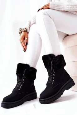 Skórzane Ocieplane Botki Z Futerkiem Czarne Farley