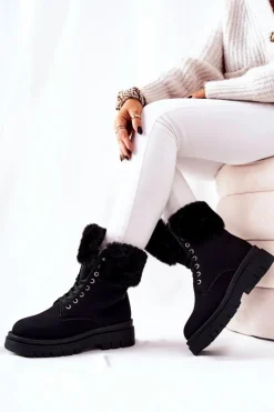 Skórzane Ocieplane Botki Z Futerkiem Czarne Farley