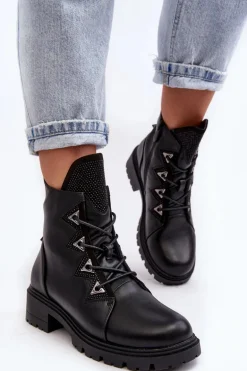 Skórzane Ocieplane Botki Z Dżetami Czarne Gwen S.Barski HY93-52A