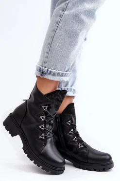 Skórzane Ocieplane Botki Z Dżetami Czarne Gwen S.Barski HY93-52A