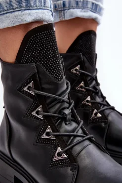 Skórzane Ocieplane Botki Z Dżetami Czarne Gwen S.Barski HY93-52A