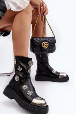 Skórzane Ocieplane Botki Z Ozdobami D&A MR870-14A Czarne