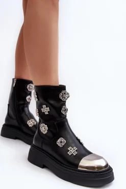 Skórzane Ocieplane Botki Z Ozdobami D&A MR870-14A Czarne