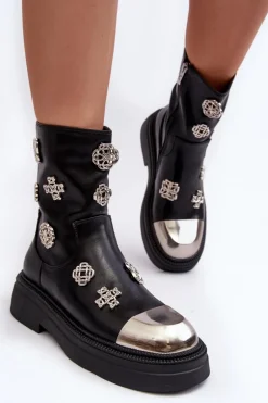 Skórzane Ocieplane Botki Z Ozdobami D&A MR870-14A Czarne