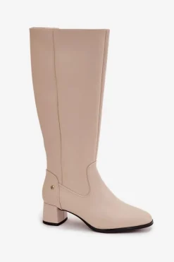 Skórzane Ocieplane Kozaki Damskie Na Obcasie Maciejka A7165-04 Beżowe