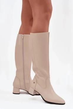 Skórzane Ocieplane Kozaki Damskie Na Obcasie Maciejka A7165-04 Beżowe