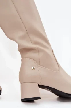 Skórzane Ocieplane Kozaki Damskie Na Obcasie Maciejka A7165-04 Beżowe