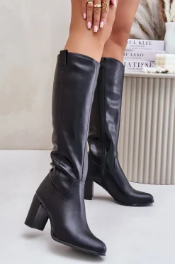 Skórzane Ocieplane Kozaki Na Słupku Sergio Leone KZ230-S Czarne