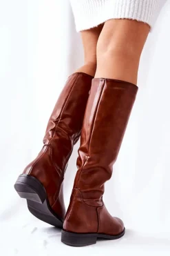 Skórzane Ocieplane Kozaki Brązowe Estil