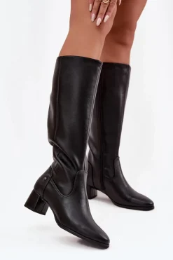 Skórzane Ocieplane Kozaki Damskie Na Obcasie Maciejka A7165-01 Czarne