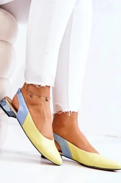 Skórzane Odkryte Baleriny Na Obcasie Żółto-Niebieskie Noreen