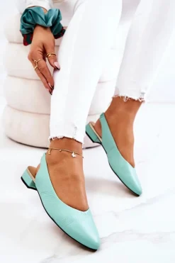 Skórzane Odkryte Baleriny Na Obcasie Zielone Noreen