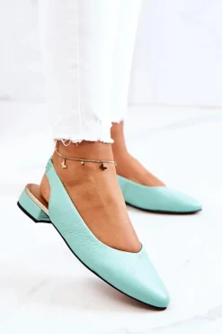 Skórzane Odkryte Baleriny Na Obcasie Zielone Noreen