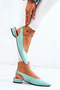 Skórzane Odkryte Baleriny Na Obcasie Zielone Noreen