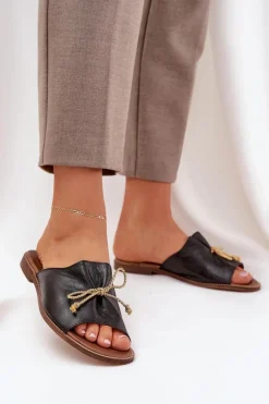 Skórzane Płaskie Eleganckie Klapki Z Kokardką Lewski 3572 Czarne