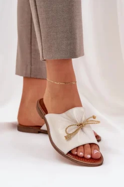 Skórzane Płaskie Eleganckie Klapki Z Kokardką Lewski 3572 Złoty Przecierany