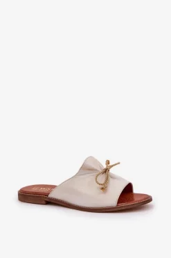 Skórzane Płaskie Eleganckie Klapki Z Kokardką Lewski 3572 Złoty Przecierany