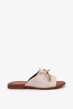 Skórzane Płaskie Eleganckie Klapki Z Kokardką Lewski 3572 Złoty Przecierany