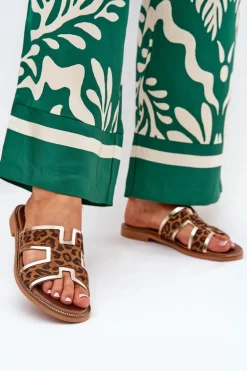 Skórzane Płaskie Klapki W Panterkę Zazoo 40383 Brązowe