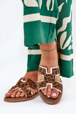 Skórzane Płaskie Klapki W Panterkę Zazoo 40383 Brązowe