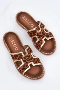 Skórzane Płaskie Klapki W Panterkę Zazoo 40383 Brązowe