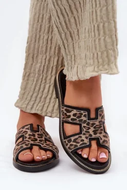 Skórzane Płaskie Klapki W Panterkę Zazoo 40383 Czarne