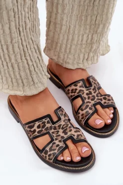 Skórzane Płaskie Klapki W Panterkę Zazoo 40383 Czarne